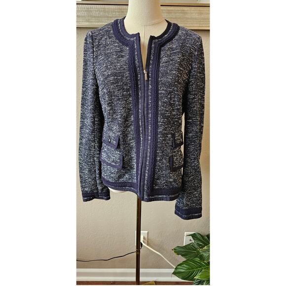 Talbots‎ Braided Trim Full Zip Front Tweed Knit Blazer Jacket Women Size 10 Navy - Picture 1 of 8